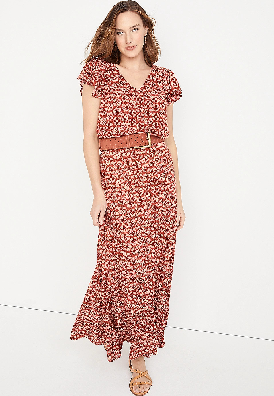 Mixed Print Flutter Sleeve Blouse | Maurices