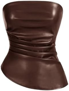 SOLY HUX Women's PU Leather Tube Top Strapless Ruched Asymmetrical Bandeau Tops Rave Concert Outf... | Amazon (US)