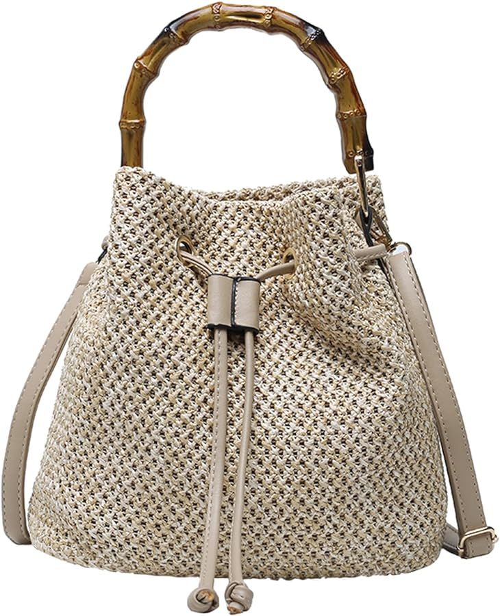 Straw Purse for Women, Summer Straw Bucket Bag Trendy Hobo Bag Straw Shoulder Crossbody Handbags with Bamboo Handle | Amazon (US)