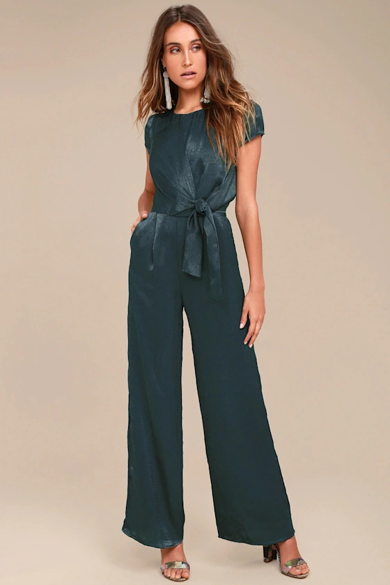 Let Me Entertain You Dark Green Satin Wide-Leg Jumpsuit | Lulus
