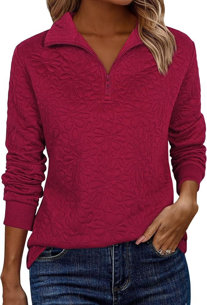 ECOWISH Women Tops Quarter Zip Fall Winter Tunics Casual Oversized Pullover Ribbed Quilted V Neck... | Amazon (US)