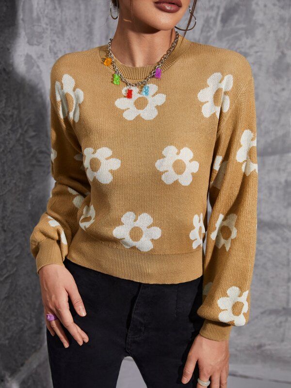 Flower Pattern Lantern Sleeve Sweater | SHEIN