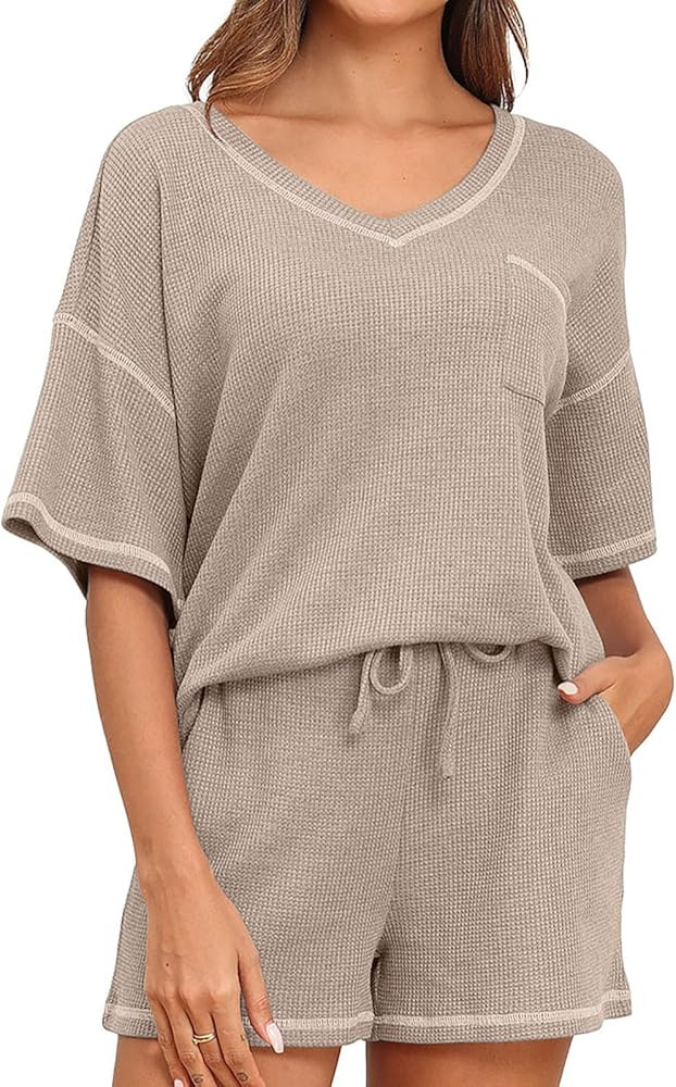 PrinStory Women's Waffle Knit Pajamas Set Short Sleeve Top and Shorts Matching Lounge Set Sweatsu... | Amazon (US)