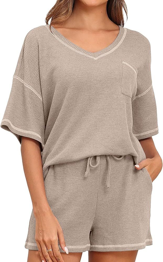 PrinStory Women's Waffle Knit Pajamas Set Short Sleeve Top and Shorts Matching Lounge Set Sweatsu... | Amazon (US)