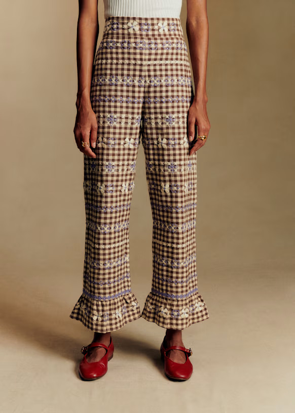 Alexio Trousers - Lila Brown Gingham Embroidery - Organic Cotton - Sézane | Sezane Paris - US