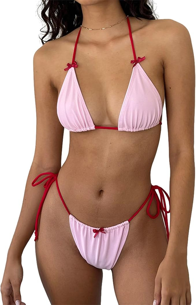 Women Cute Bow Bikini Set Sexy Halter Triangle Bathing Suit Ruffle Shorts String Thong Swimsuit Y... | Amazon (UK)