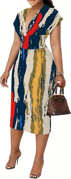 Women's Bodycon Midi Dress Deep V-Neck Cap Sleeve Ruched High Waist Stretchy Dresses for Date Nig... | Amazon (US)