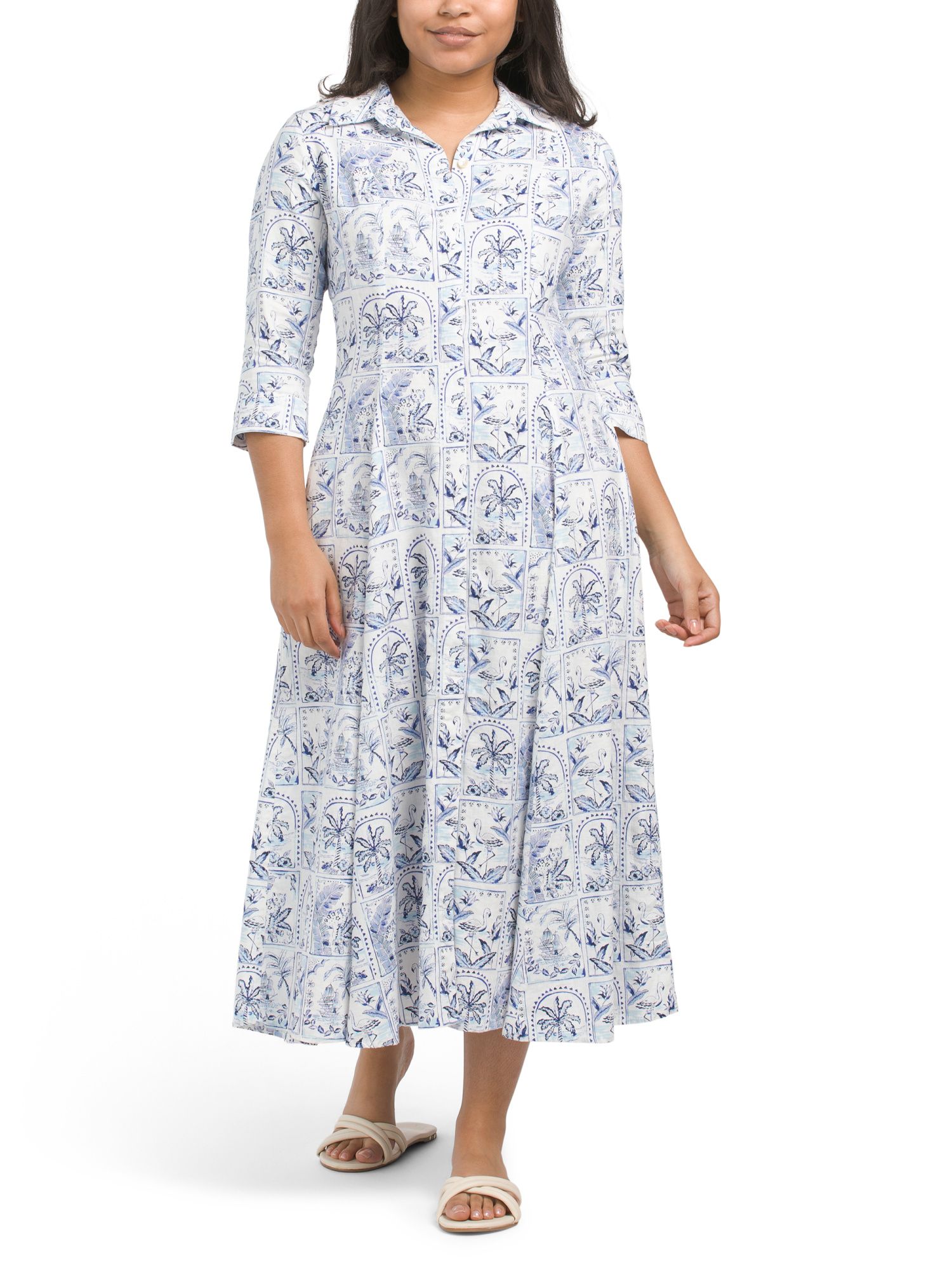 Linen Blend Three-quarter Sleeve Tile Print Midi Dress | Casual Dresses  | Marshalls | Marshalls