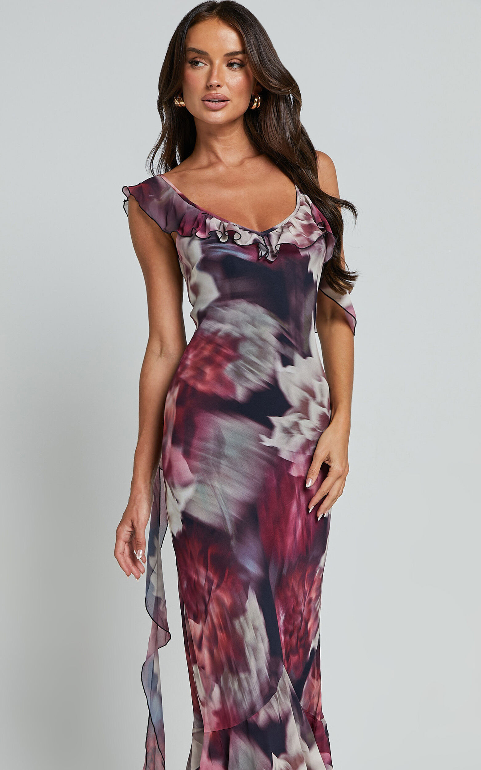 Riley Maxi Dress - Asymmetric Ruffle Detail Maxi Dress in Mariache Rose | Showpo (US, UK & Europe)