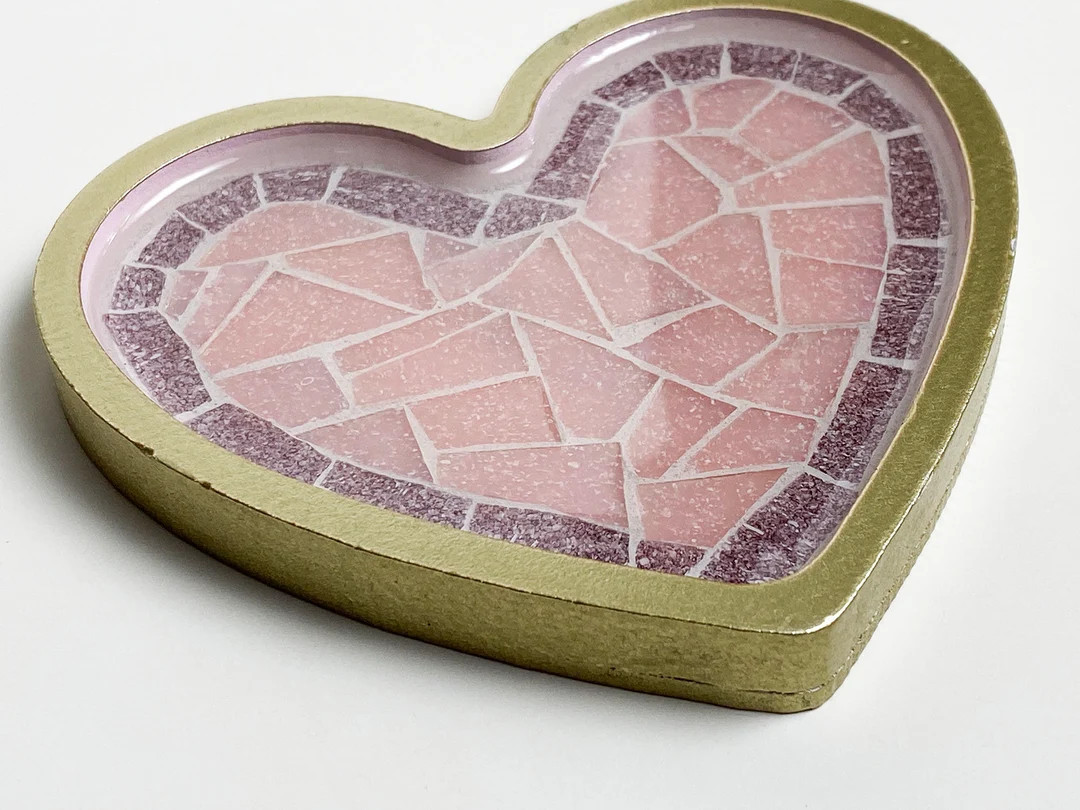Mosaic Ring Dish Bracelet Jewelry Trinket Cathcall Heart Pink Purple Gold Vitreous Glass Tile Mom... | Etsy (US)