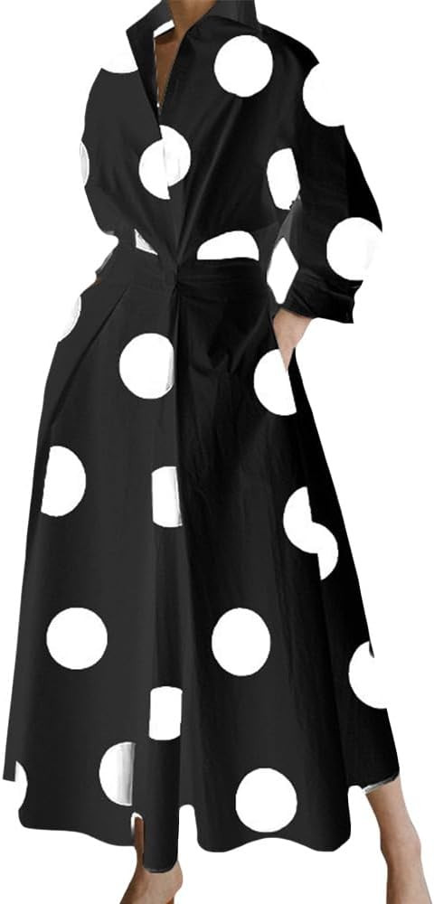 DMOYALA Vestido largo plisado de manga larga para mujer, elegante vestido de camisa con estampado... | Amazon (US)