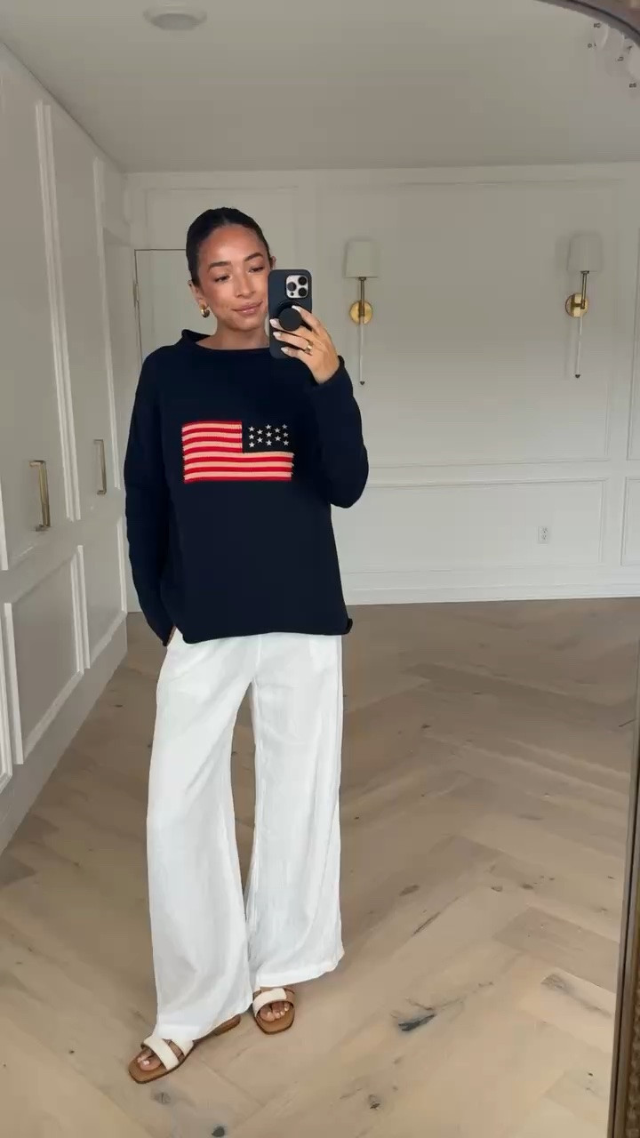 4th of July outfit idea! The perfect cozy outfit for a casual summer look! Wearing size S american flag sweater and size S white pants - I've linked similars! 

mom outfit, vacation outfit, summer outfit, summer style, summer sweater, july 4th outfit, beach outfit, lake outfit, pool day outfit, white pants, linen pants

#LTKSeasonal