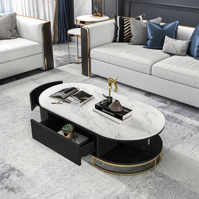 Modern White Oval Storage Coffee Table with Drawers Sintered Stone Gold Base-Homary | Homary