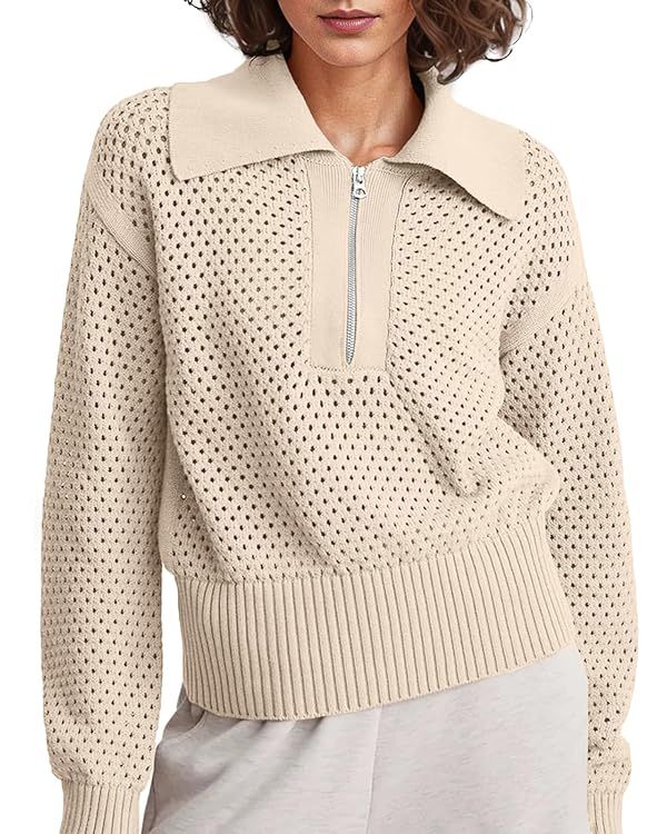 Women's Half Zip Pullover Sweaters Crochet Lapel Collar Long Sleeve Knit Solid Color Jumper Tops | Amazon (US)