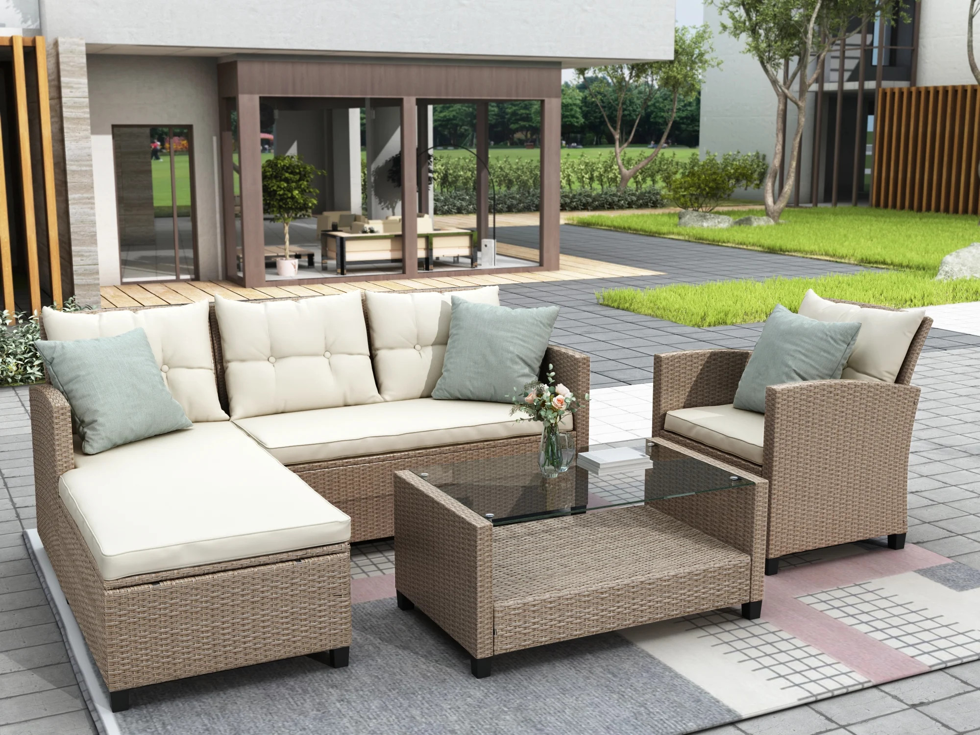 4 Piece Outdoor Patio Furniture Sets, Wicker Conversation Set for Porch Deck, Beige Brown Rattan ... | Walmart (US)