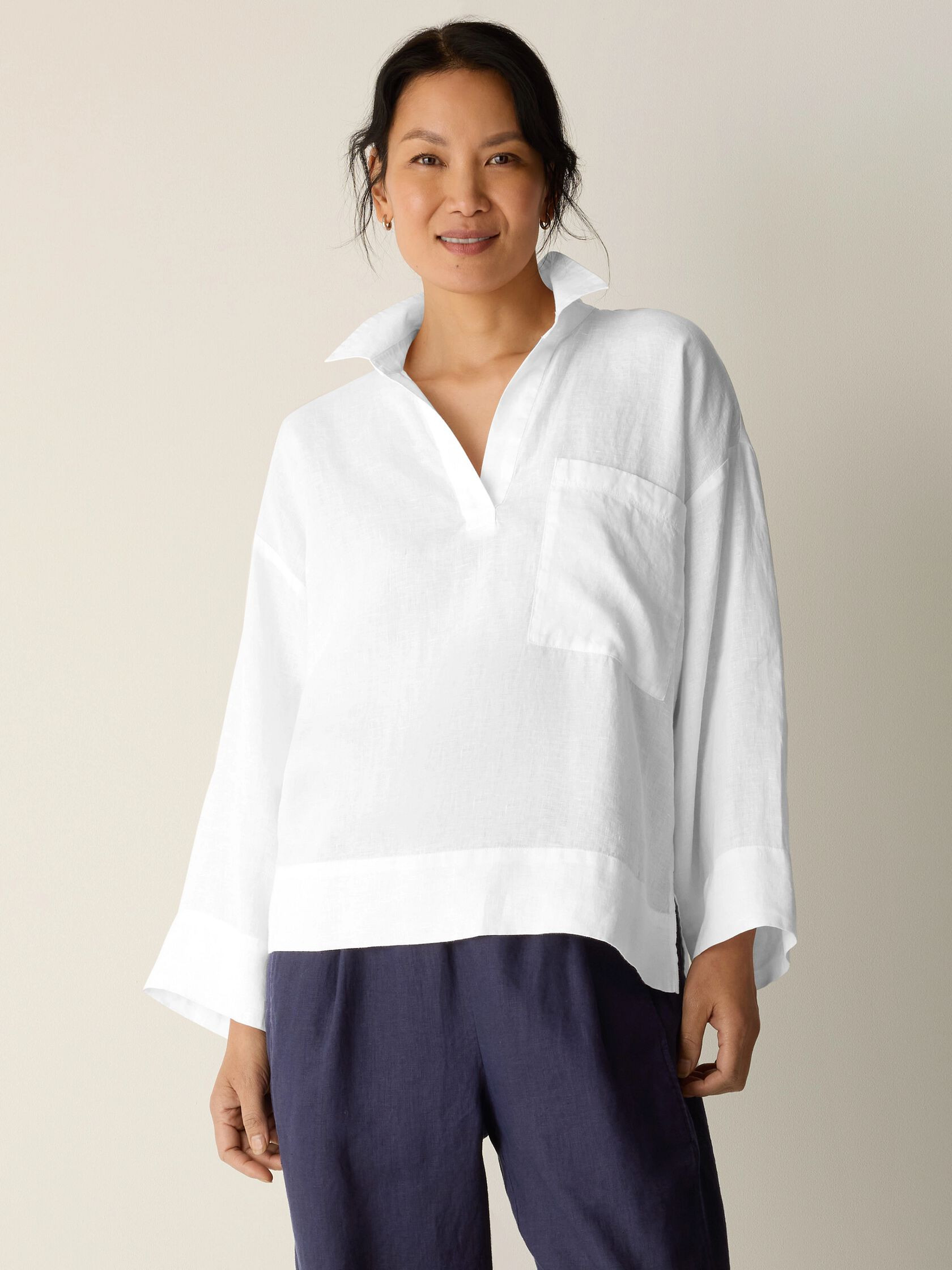 Organic Handkerchief Linen Split Neck Shirt | Eileen Fisher