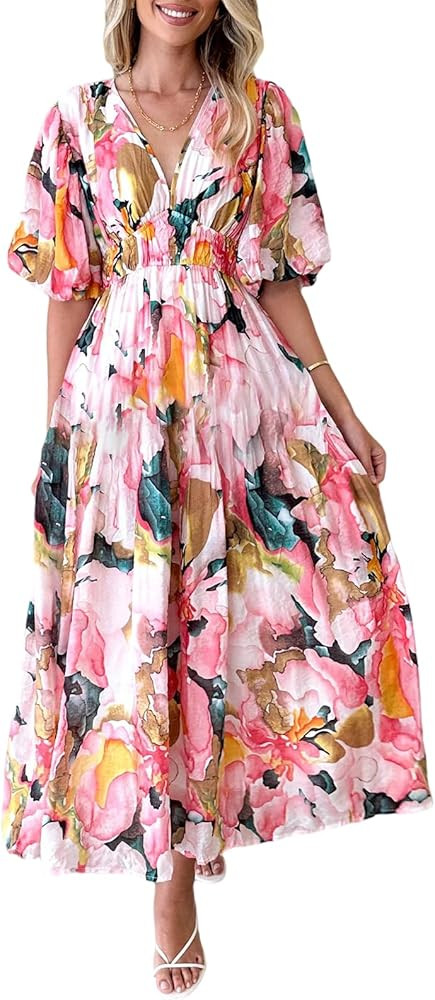 Sissyaki Women's Boho Floral Midi Dress Smocked Beach Flowy Dress | Amazon (US)