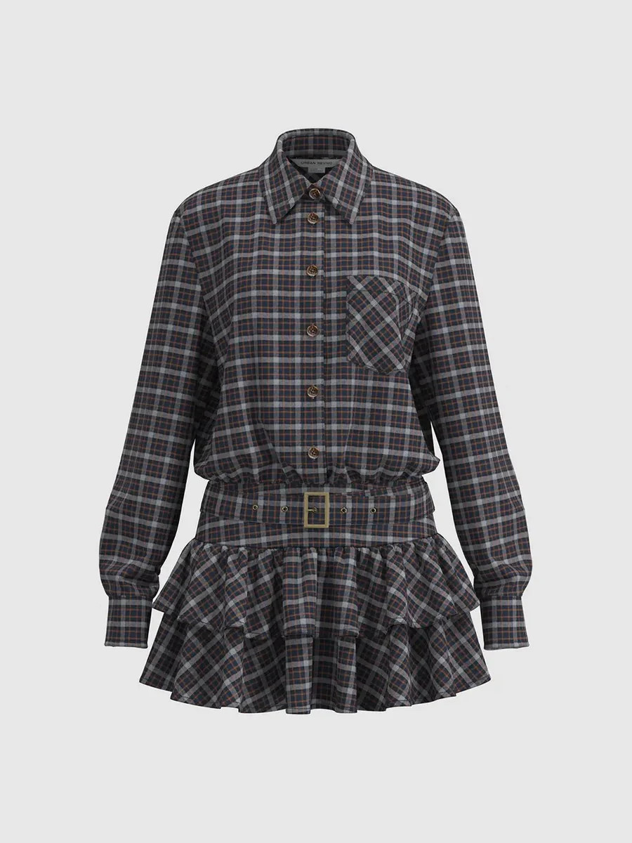 Shirt Collar Long Sleeve Tie Waist Ruffle Hem Plaid Dress | Urban Revivo