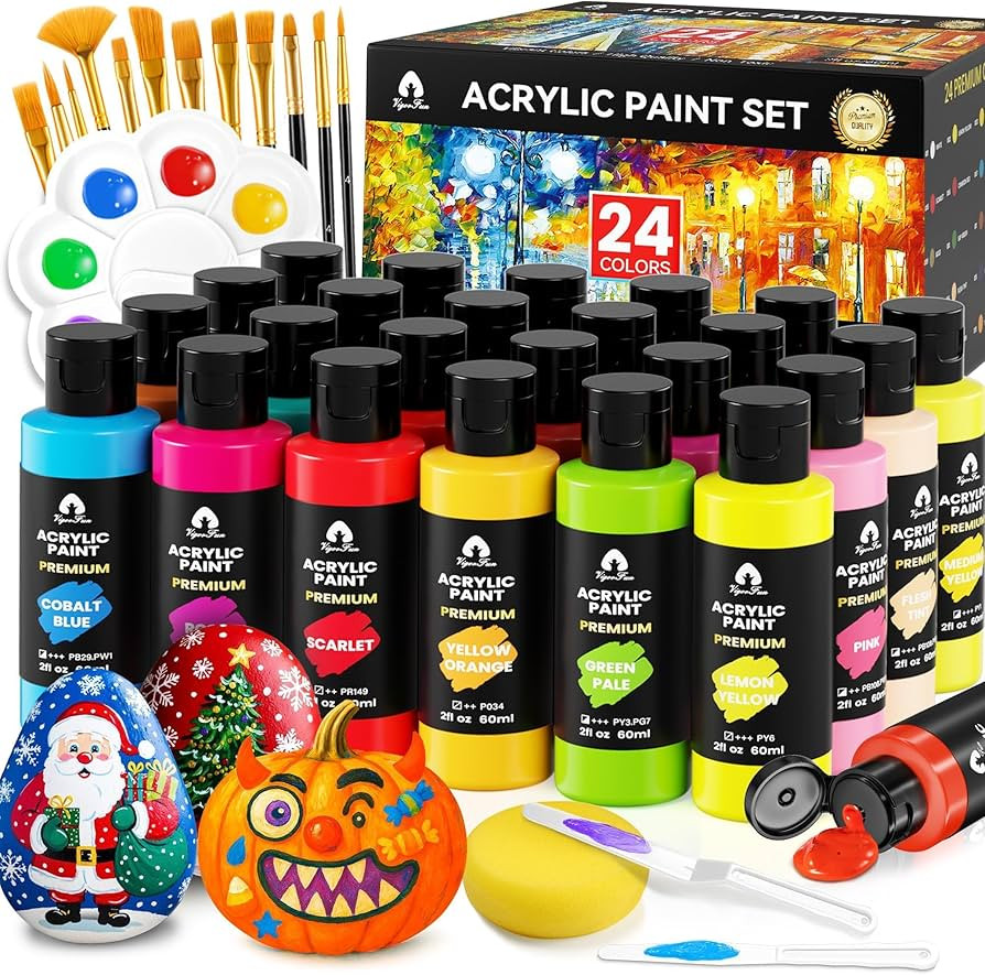40 Pcs Acrylic Paint Set - 24 Colors (2oz/60ml) with 12 Brushes, 2 Knives & Palette - Rich Pigmen... | Amazon (US)