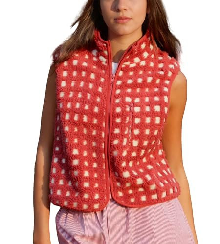 Colorful world Womens Checkered Sherpa Vest Fleece Jacket Lightweight Zip Up Sleeveless Crochet Plaid Gilet with Pocket (Red,M) | Amazon (US)