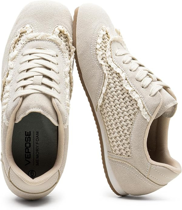 Vepose Women's Casual Dressy Retro Gat Fashion Sneakers, Square Toe Suede Woven Raffia Lace Walki... | Amazon (US)