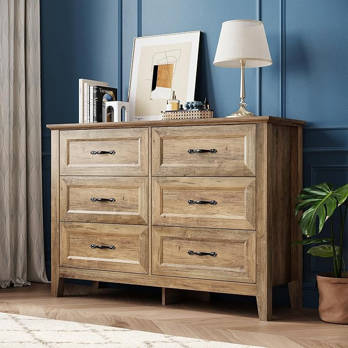 LINSY HOME 6 Drawers Dresser for Bedroom, Wood Bedroom Dresser Farmhouse Drawer Chest, Wide Dress... | Amazon (US)