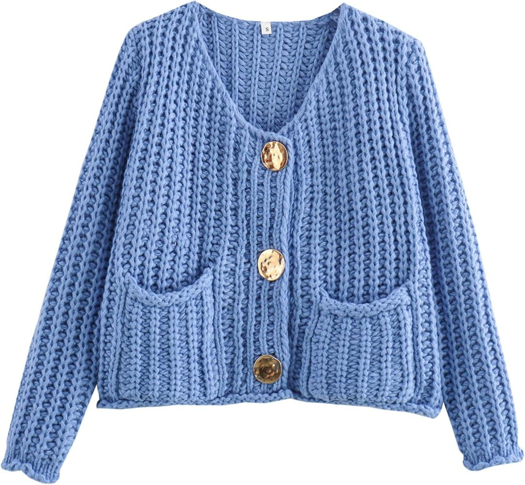Chevara Women’s Cropped Knit Cardigan Long Sleeve Crewneck Button Down Fall Sweater with Pocket... | Amazon (US)