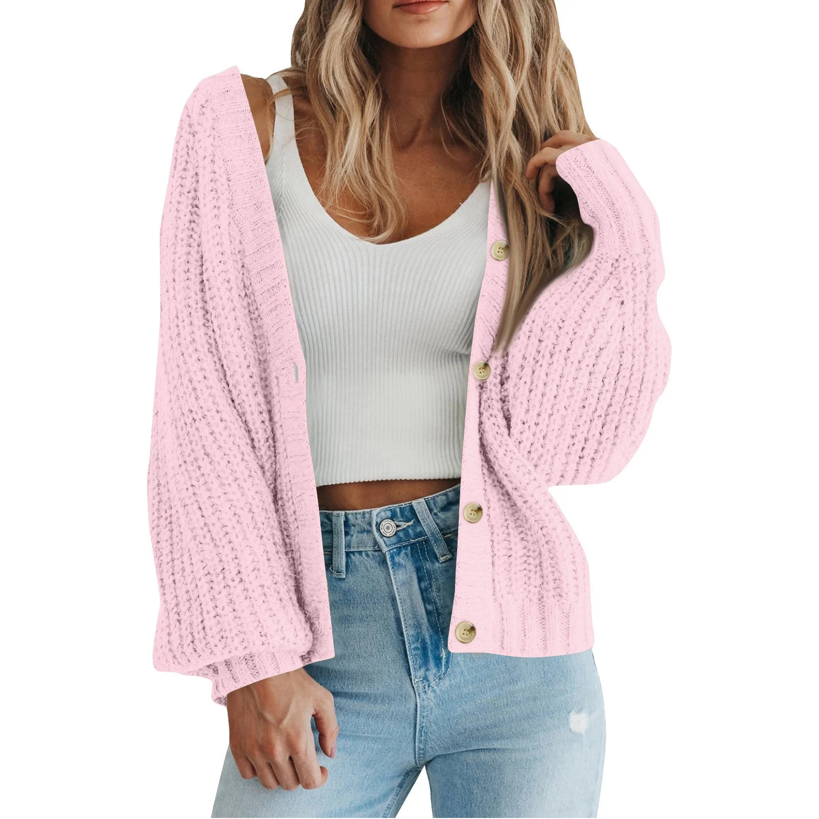 purcolt Women's Chunky Knit Sweater Open Front Cropped Cardigan Sweaters Puff Long Sleeve Button ... | Walmart (US)