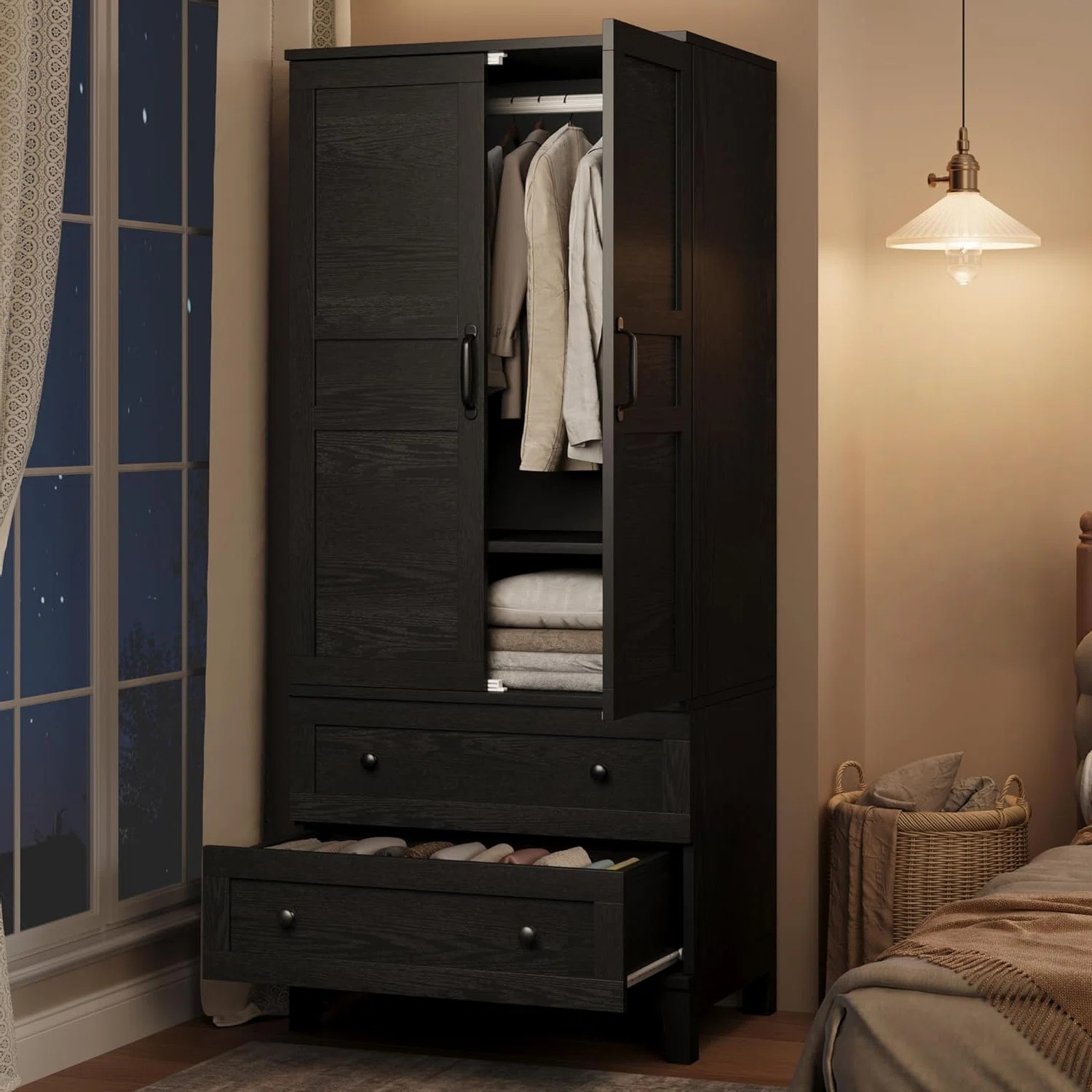 Armoire Wardrobe Closet with 2 Drawers,72 in Wooden Wardrobe Cabinet with Hanging Rod, Tall Clothing Armoire Cabinet with Doors and 18 Adjustable Shel | Wayfair North America