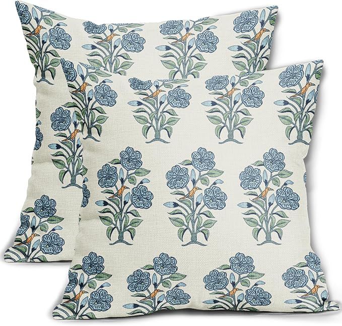 Blue Floral Block Print Pillow Covers 18x18 Light Blue Green Chinoiserie Flowers Birds Monsoon De... | Amazon (US)