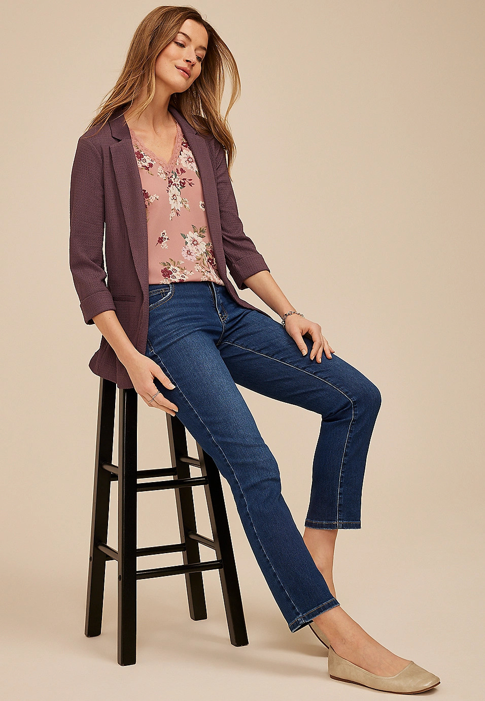 Textured Versa 3/4 Sleeve Blazer | Maurices