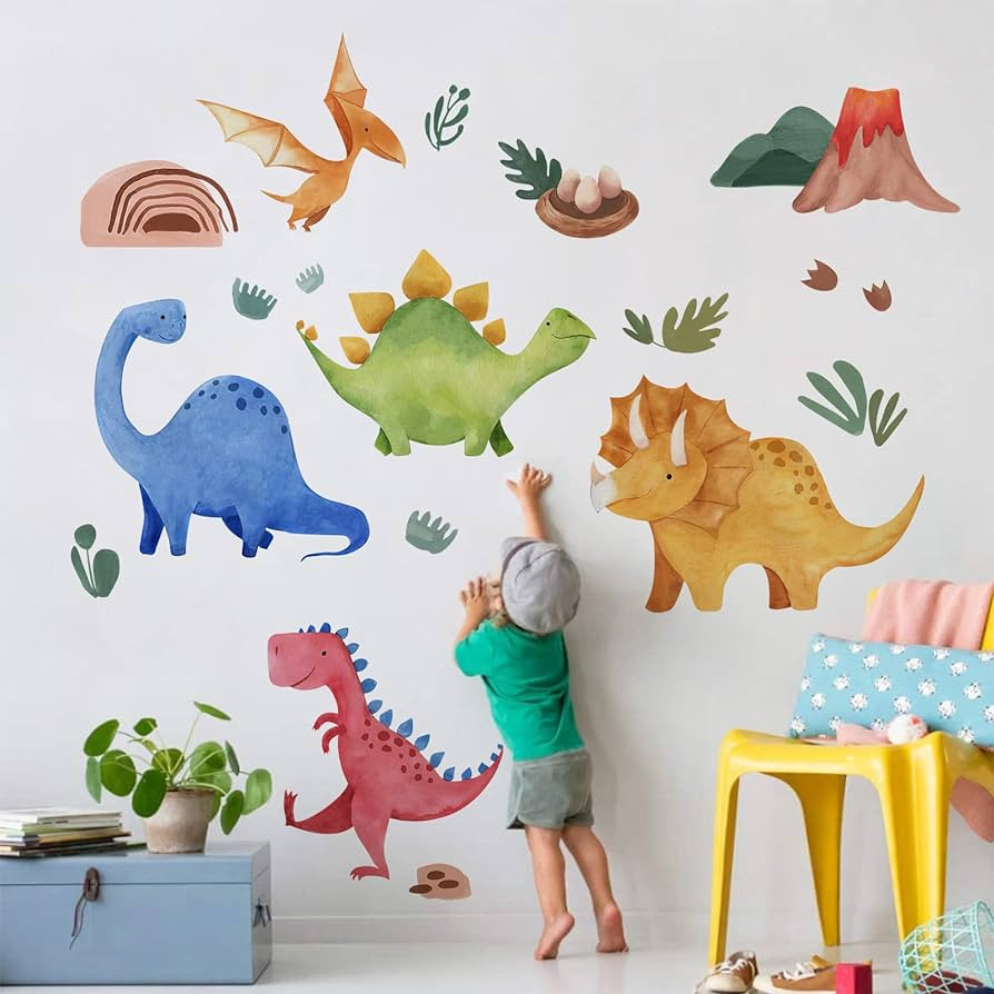 Yovkky Baby Dinosaur Wall Decals Stickers, Dino Volcano Cave Neutral Nursery Toddler Playroom Dec... | Amazon (US)