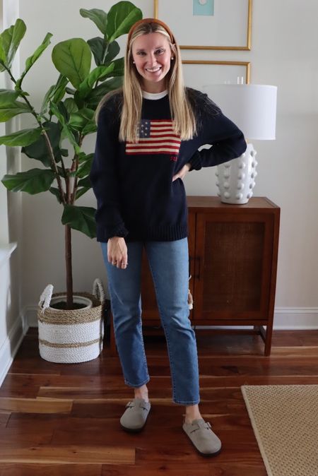Simple fall outfit with clogs and flag sweater 

#LTKfindsunder50 #LTKshoecrush #LTKstyletip