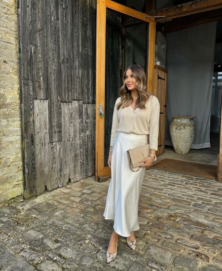 Spring outfit, satin skirt styling, date night outfit, beige outfit, cardigan 

#LTKeurope #LTKSeasonal #LTKstyletip