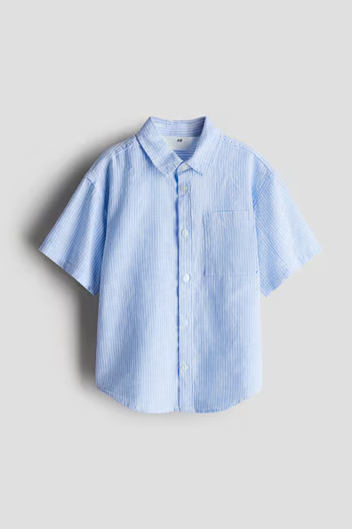 H & M - Short-Sleeved Linen-Blend Shirt - Blue | H&M (US + CA)