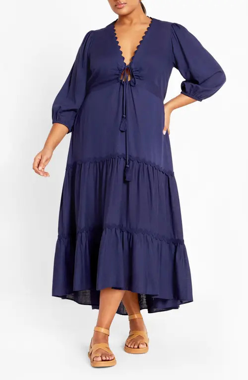 City Chic Coral Scallop Trim Tiered Maxi Dress in Navy at Nordstrom | Nordstrom