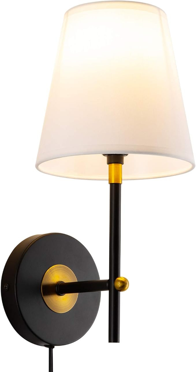 VONLUCE 1-Light Wall Sconce Plug in Cord with White Fabric Shade, Wall Mount Vanity Lamp in Matte... | Amazon (US)