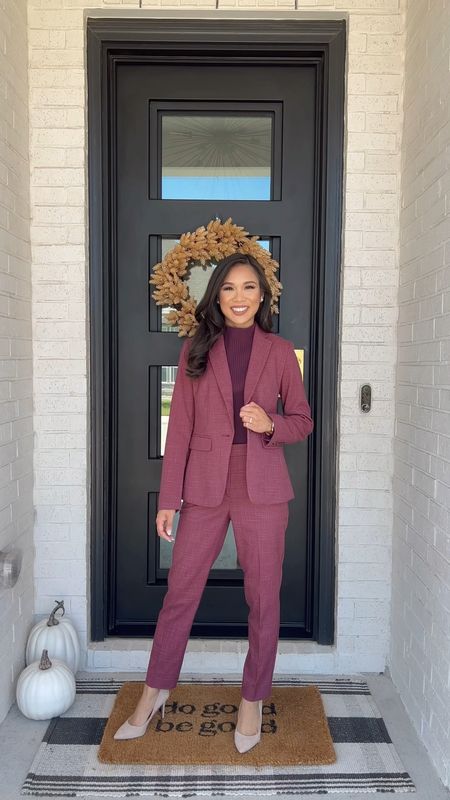 Fall workwear outfit for Monday through Friday! Love this burgundy suit for a monochromatic look, tan high waisted work pants, the perfect white blouse, work dress, and jogger fit work pants you can wear to the office and on the weekend. All great business casual looks. 

#LTKSeasonal #LTKstyletip #LTKworkwear