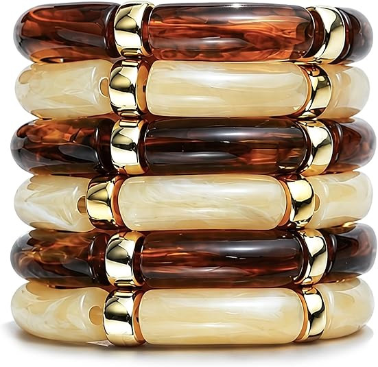 iF YOU 6pcs Chunky Acrylic Bangle Bracelets for Women, Resin Bamboo Brown Stretchy Bracelet Stack... | Amazon (US)