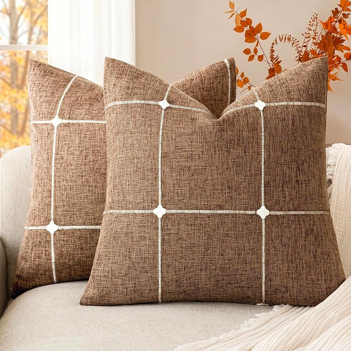 Foindtower Pack of 2 Decorative Faux Linen Jacquard Check Throw Pillow Covers Farmhouse Cushion Cover with Grid Textured Accent Pillowcase for Couch Sofa Living Room Home Decor,18×18 Inch,Orange Brown | Amazon (US)