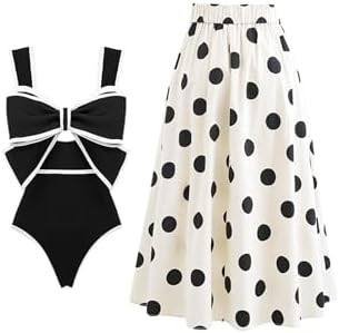 FLAXMAKER Black and White Swimsuit Bow-tie Decor Women's Polka dot Print Skirt One Piece Bathing ... | Amazon (US)