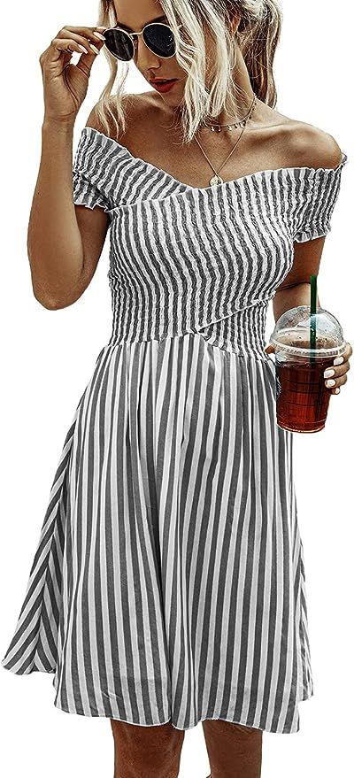Beachsissi Women Short Sleeve Midi Dress Stripe Print Smocked Chest Bardot Casual Dress | Amazon (US)