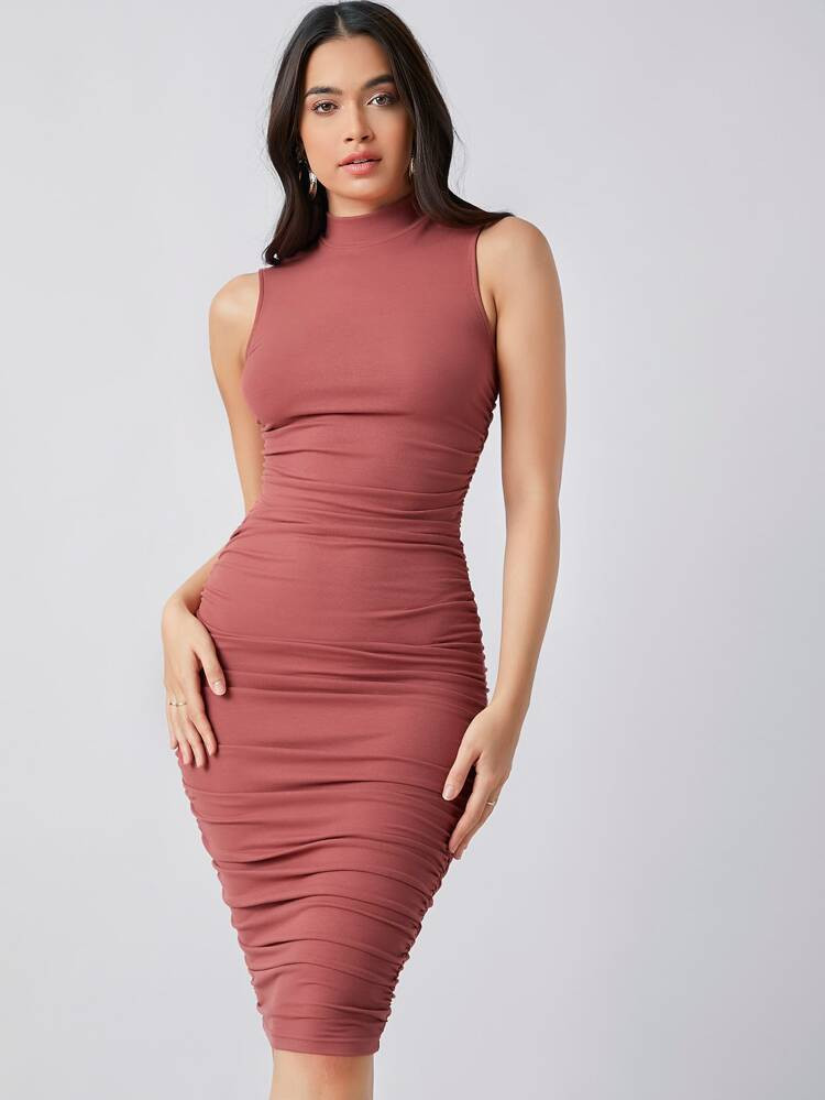 SHEIN Mock-neck Ruched Solid Dress | SHEIN