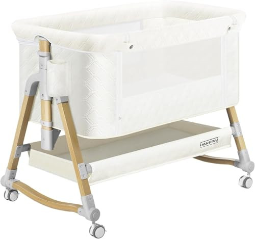 HARPPA Cuddly 3 in 1 Baby Bassinet Bedside Sleeper(Mosquito Net Included), Five-Position Adjustable Bedside Crib with Storage for Newborns, Portable Bassinet with Anchor Strap (Wood Grain, White) | Amazon (US)