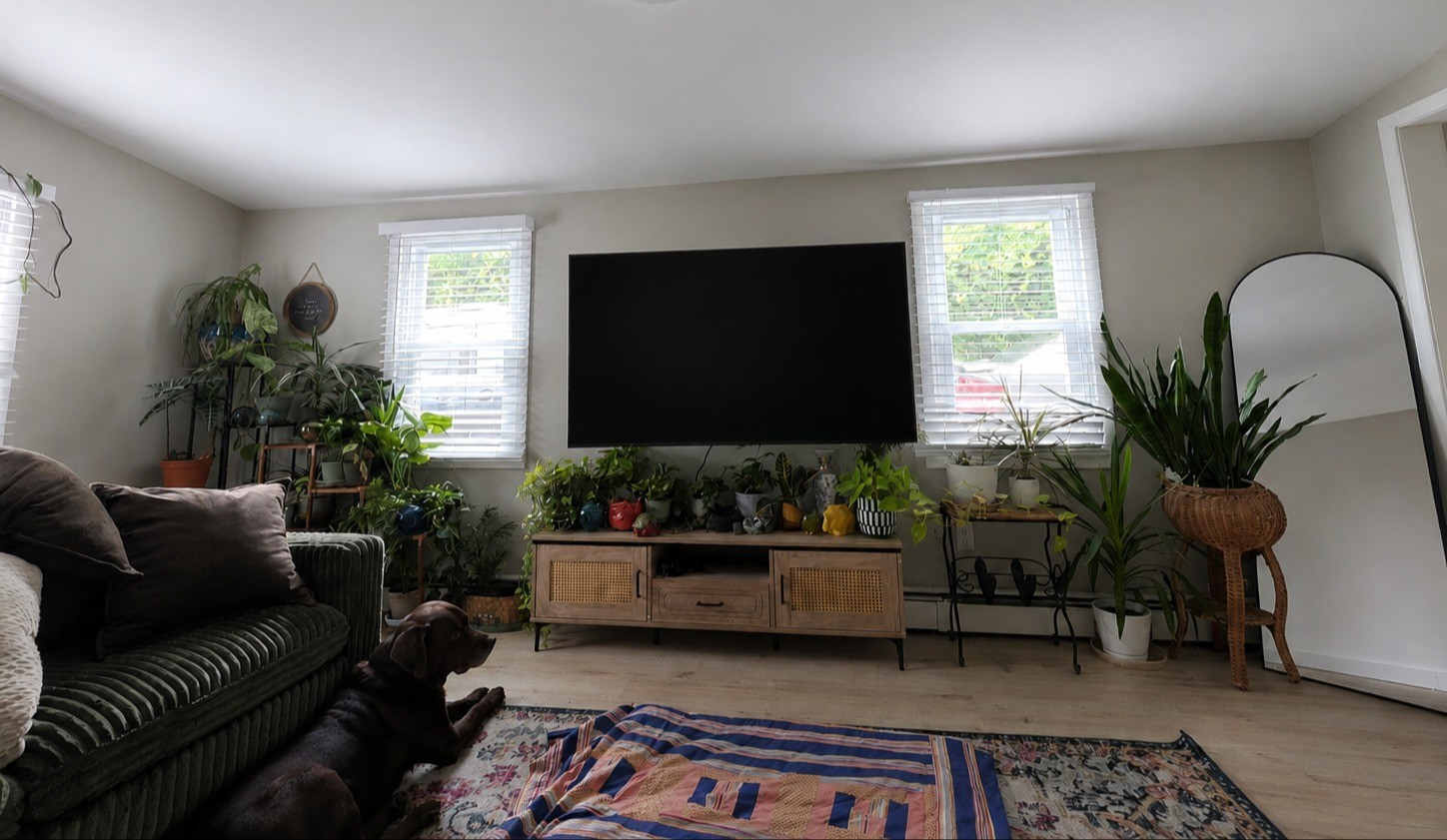 I wanted this space to feel cozy, calm, and collected without feeling overly styled. I mixed warm wood tones, soft neutral colors, layered rugs, and lots of plants to give the room a relaxed, lived-in feel. The oversized velvet sofa is one of my favorite pieces for winding down at the end of the day, and the wood and cane media console adds warmth and texture while still keeping the room feeling clean and airy.I love incorporating greenery throughout the space with different plant stands, woven baskets, and natural textures because it makes the room feel fresh and inviting. The large leaning mirror helps reflect light and keeps everything feeling open and bright. Overall, the room feels comfortable, earthy, and easy to live in while still having character.#livingroom #boho #plants #cozy #home 

#LTKHome #LTKOver40 #LTKdayinmylife