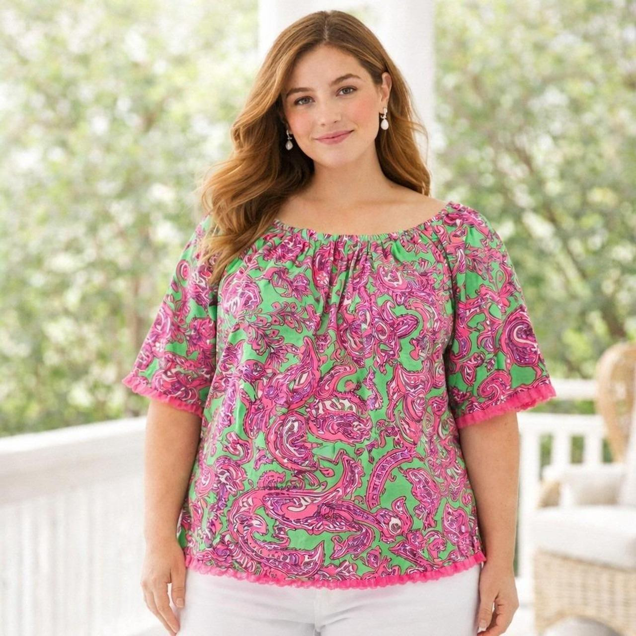 Crown & Ivy Women's Blouse - Green/Pink - L | Depop US
