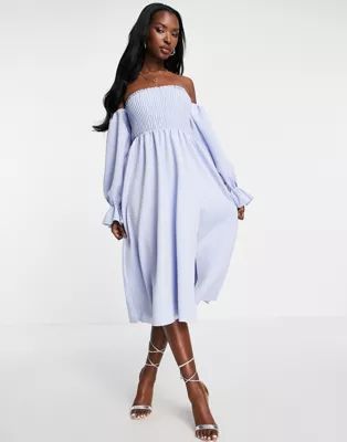 ASOS DESIGN shirred Bardot blouson sleeve midi prom dress in baby blue | ASOS (Global)