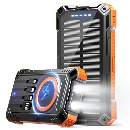 Solar Portable Charger 49800mAh Wireless Power Bank with 4 Built-in Cables Battery Pack, USB-C in&Out Put 15W Fast Charging Compatible with iPhone, Samsung, iPad, LED Flashlight Perfect for Camping | Amazon (US)
