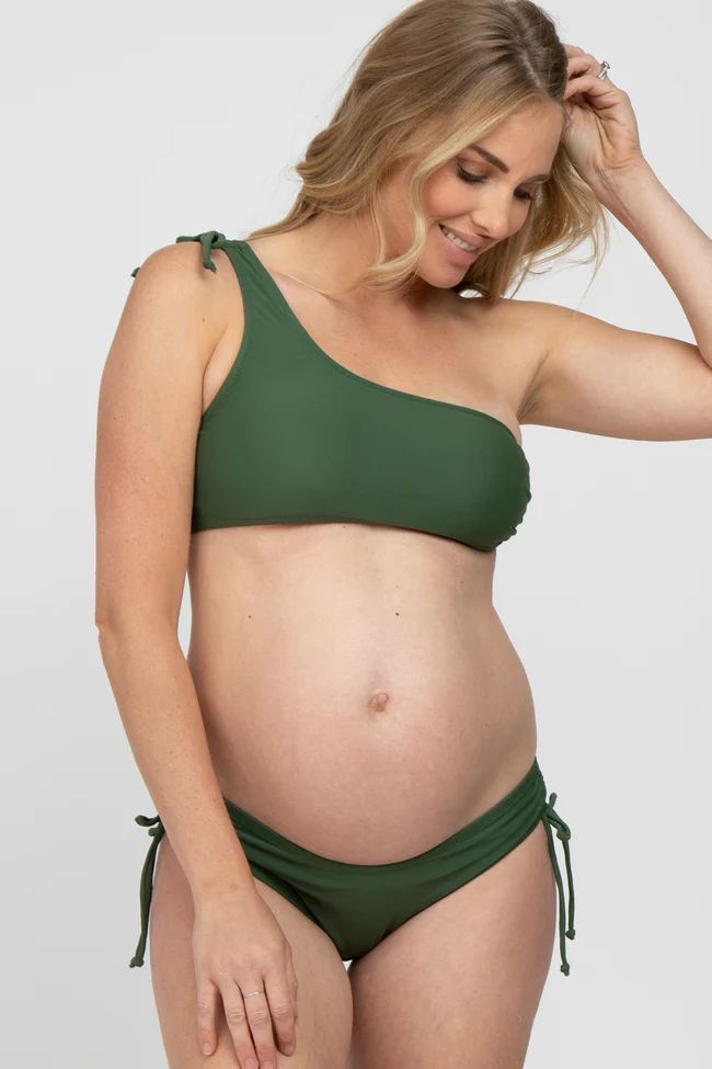 Olive Off Shoulder Tie Detail Maternity Bikini Set | PinkBlush Maternity