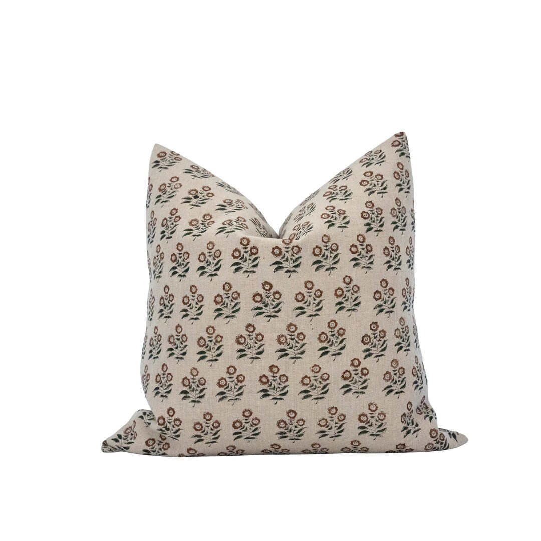 GRACIE || Block Print Pillow Cover Brown Floral Pillow Neutral Floral Pillow Designer Linen Pillo... | Etsy (CAD)